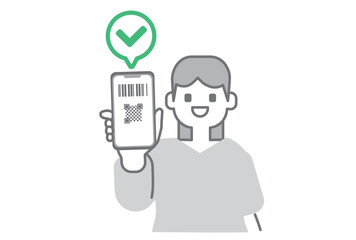 スマホにバーコード、QRコード決済を表示する女性とチェックマーク