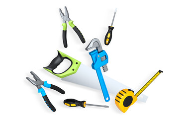 Assorted hand tools including pliers, wrench, screwdriver, saw, and tape measure isolated on white background, concept of DIY