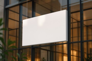 Hanging blank rectangular signage mockup in modern glass building with warm lighting in background for branding or advertisement template concept. Ai generative