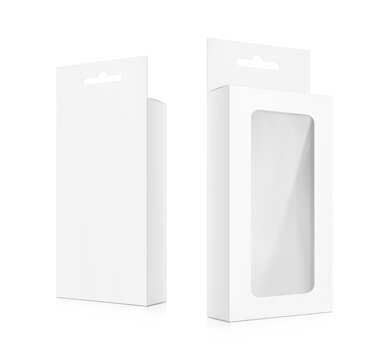 Universal mockup of blank cardboard box with transparent window and hang slot. Vector illustration isolated on white background, ready and simple to use for your design. EPS10.