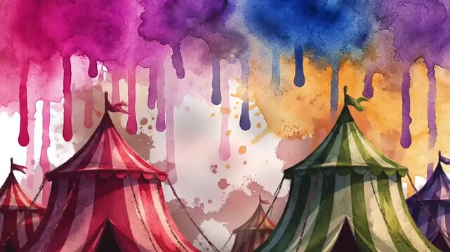 Colorful circus tents stand beneath vibrant watercolor splashes, creating a whimsical and festive atmosphere for entertainment and celebration.