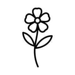 Simple black and white outline drawing of a single flower with five petals and two leaves