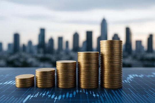Stacks of gold coins arranged in ascending order on a digital financial chart with city skyline in background, symbolizing economic growth and investment success. Ai generative