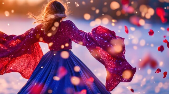 Woman in vibrant dress twirling among falling rose petals at sunset