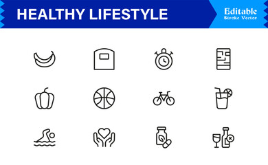 Healthy Lifestyle And Habits Modern Minimal Line Icon Collection Focused on Wellness, Discipline, Balance, and Daily Positive Routines