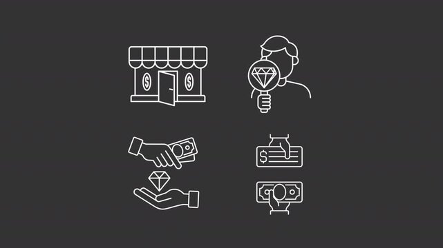Animated money borrowing in pawnshop white line icons. Easy loan for valuable property animation set. Financial support. Business. Isolated elements on dark background. Alpha channel HD video