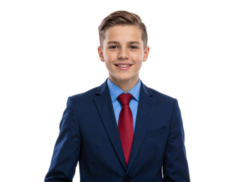 A young boy in a formal suit smiles confidently, showcasing a blue jacket, light blue shirt, and a red tie. - Powered by Adobe