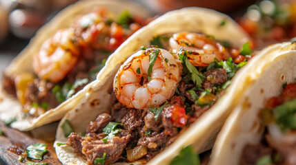 Shrimp and beef taco with Mexican toppings