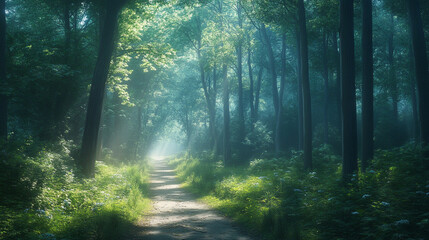 Obraz premium A misty forest trail bathed in soft sunlight, creating a serene and ethereal atmosphere. Ideal for nature photography, environmental projects, wallpapers, or wellness-themed visuals.
