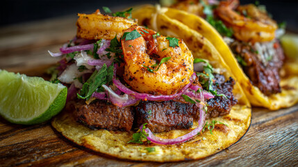 Shrimp and beef taco with Mexican toppings