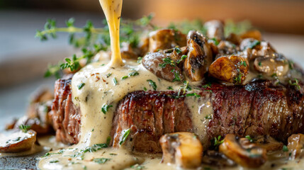 Beef steak with creamy mushroom sauce