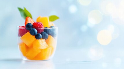 Fresh fruit salad in a clear cup with assorted berries and melon pieces