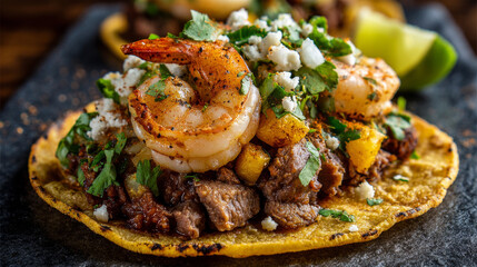Shrimp and beef taco with Mexican toppings