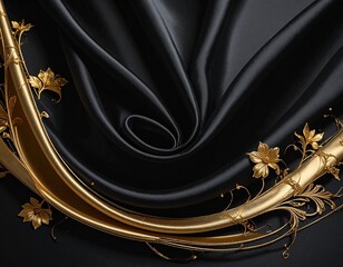 Black satin fabric with intricate golden floral embroidery, arranged in soft folds to highlight its glossy texture and elegant craftsmanship.