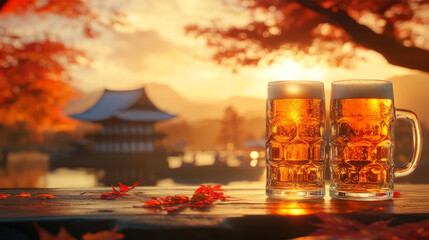 Two beers with autumn leaves and Japanese temple