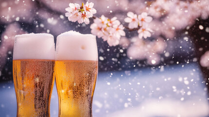 Cold beer with cherry blossoms in spring