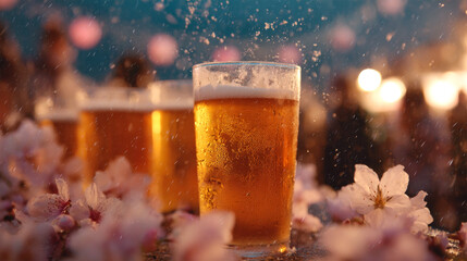 Cold beer with cherry blossoms in spring