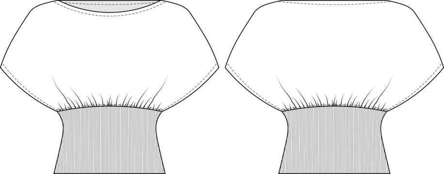 round neck boat neck short cap dolman batwing sleeve gathered ribbed elastic banded sweater knitwear blouse top template technical drawing flat sketch cad mockup fashion woman design style model 
