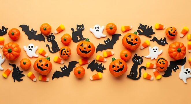 A festive halloween border arrangement featuring carved pumpkins candy corn black cat silhouettes and white ghost cutouts on an orange background