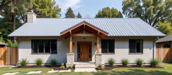 Fototapeta premium Modern single-story house with a stone facade and landscaped yard.
