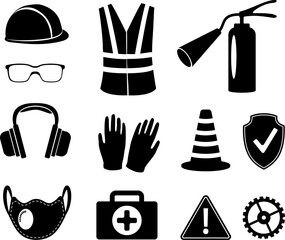 Safety equipment. Collection of protection tools and clothing. Vector silhouettes