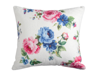A decorative pillow featuring a vibrant floral pattern with roses and blue flowers.