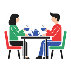Couple Having Tea Flat Vector Illustration Minimalist Style Colorful Design Two People Together