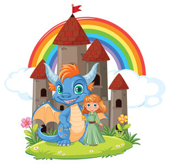 Friendly Blue Dragon and Princess Outside Fantasy Castle
