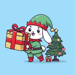 Cute Cartoon Bunny in Elf Costume with Christmas Tree – Vector Illustration of Whimsical Holiday Scene