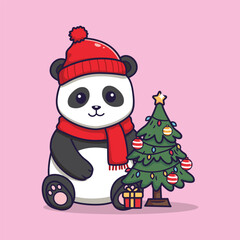 Cute Cartoon Panda in Winter Hat Sitting Beside Christmas Tree – Vector Illustration of Whimsical Holiday Scene