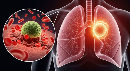 Medical Illustration showing Lung Cancer Tumour in Human Lungs and Cancer Cells with Red Blood Cells, Critical Disease Research and Report