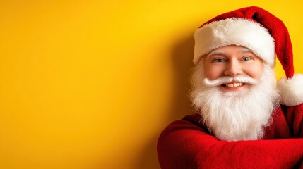 Santa Claus smiling cheerfully against a bright yellow background