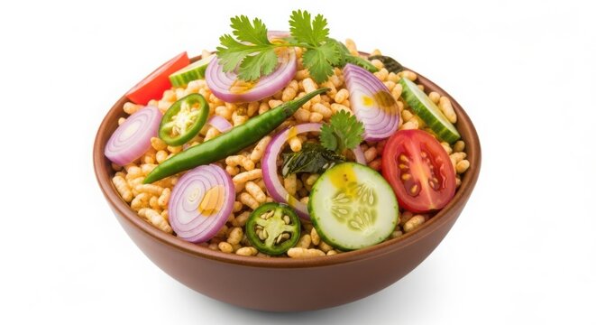 Flavorful indian bhel puri snack in a rustic bowl