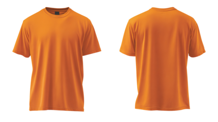 Front and back view of an orange t shirt white background PNG