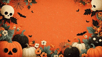 Halloween Orange Background Graphic Element with Pumpkins, Bats, Spider Webs, and Skull Eyes for Spooky Fun Social Media Posts and Presentations