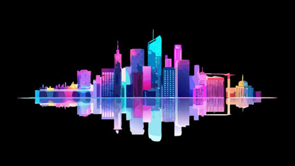 Obraz premium A vibrant cityscape silhouette glows with neon colors against a black backdrop, reflecting a modern and dynamic urban landscape at night