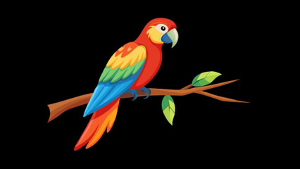Obraz premium A vibrant illustration showcasing a colorful parrot perched gracefully on a branch against a black backdrop, highlighting the birds plumage and natural habitat