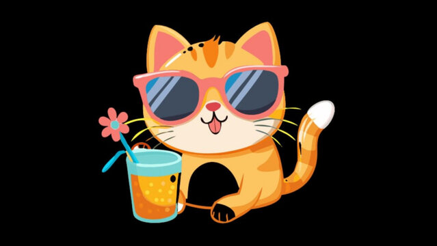 A cheerful orange cat wearing sunglasses and holding a refreshing drink with a flower, radiating summer vibes on a