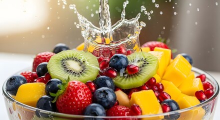 A refreshing splash over a vibrant fruit bowl, organic fruit healthy food