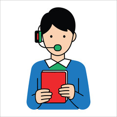 Call Center Operator Holding A Red Tablet Device Vector Illustration Modern Style