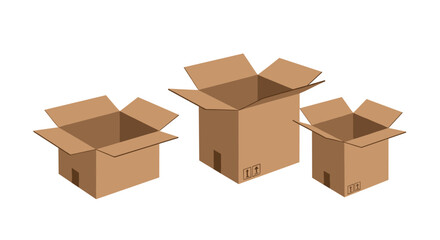 Fototapeta premium Three open cardboard boxes of different sizes on a white background.