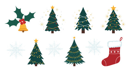 Obraz premium Collection of festive Christmas illustrations featuring decorated trees, holly, a bell, snowflakes, and a stocking.