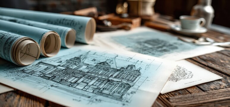 Architectural blueprints and rolled plans are displayed on a rustic wooden table, surrounded by tools and a cup, illustrating the design process and creativity in architecture