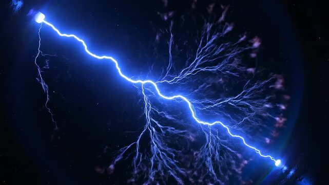 Powerful electric plasma arcs dramatically across a void, casting intense light in a dark environment energy flow, burst, dynamic