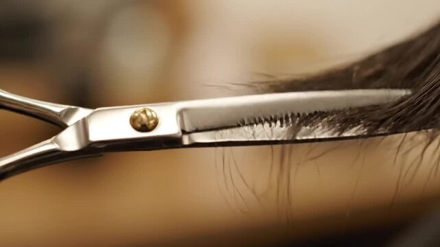 Close-Up of Hair Scissors Cutting Single Strand in Detail
