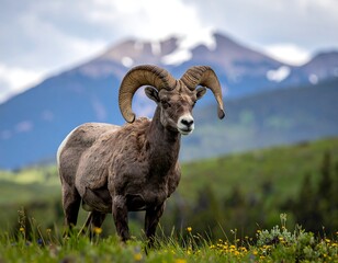 A majestic ram stands in a field with mountains behind
