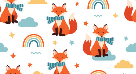 Obraz premium Cute foxes wearing scarves in a whimsical pattern with clouds and rainbows.