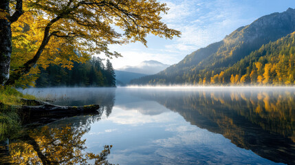 Fototapeta premium Golden autumn leaves reflect on tranquil lake surrounded by mountains and mist