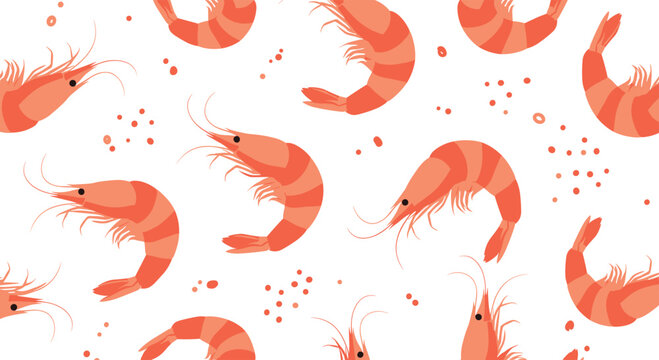 A playful repeat pattern of cartoon shrimp on a white background creates a fun and summery vibe ideal for seafood-themed designs.