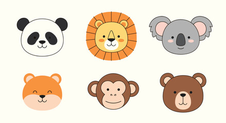 A vibrant collection of cute cartoon animal faces including a panda, lion, koala, fox, monkey, and brown bear, presented in a simple, whimsical style. © Lily